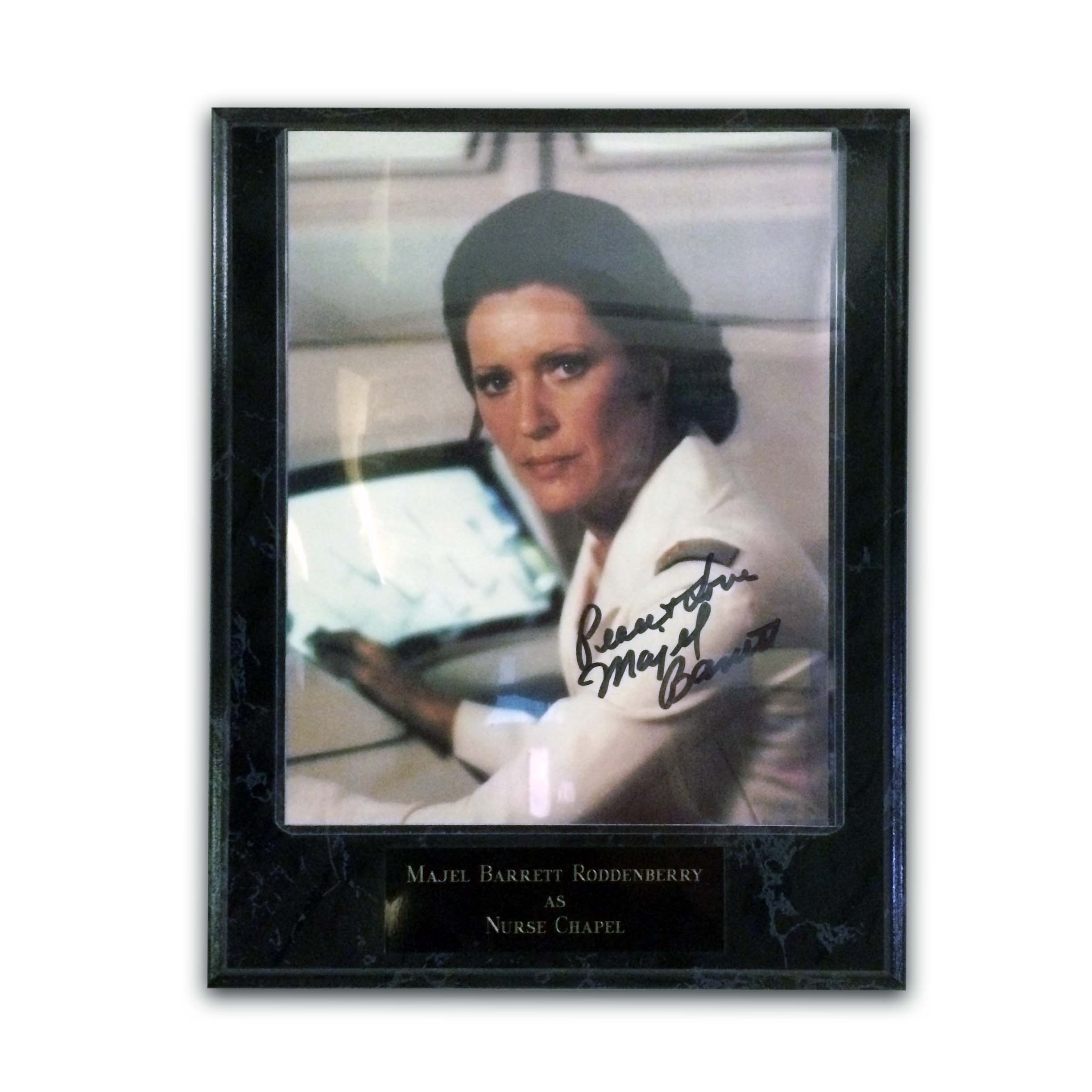 Autografo Majel Barrett Roddenberry Foto 20x25 con Placca